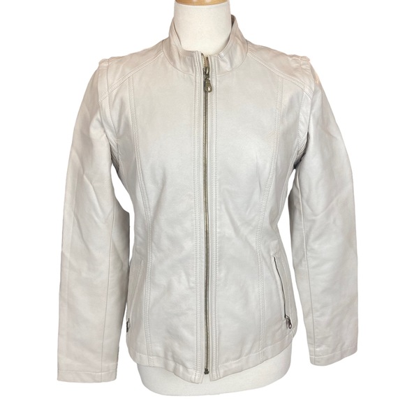 TRIBAL Women’s Jacket White Faux Leather Zipper Pockets Size Medium - Picture 2 of 11